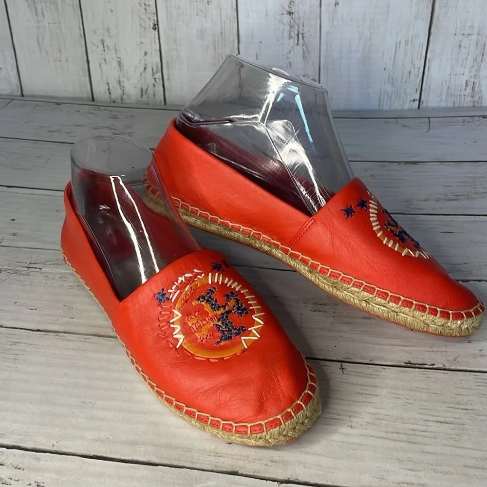Tory Burch Coral Leather Embroidered Daley Espadrille Flats